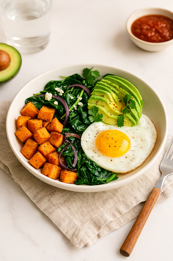 Savory Gluten-Free Breakfast Bowl (Sweet Potato, Veggies & Eggs)